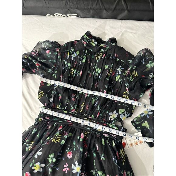 NWT $598 MAC DUGGAL [ 6 ] Chiffon Floral Hi Neck Puff Sleeve‎ Gown Black - Picture 4 of 16